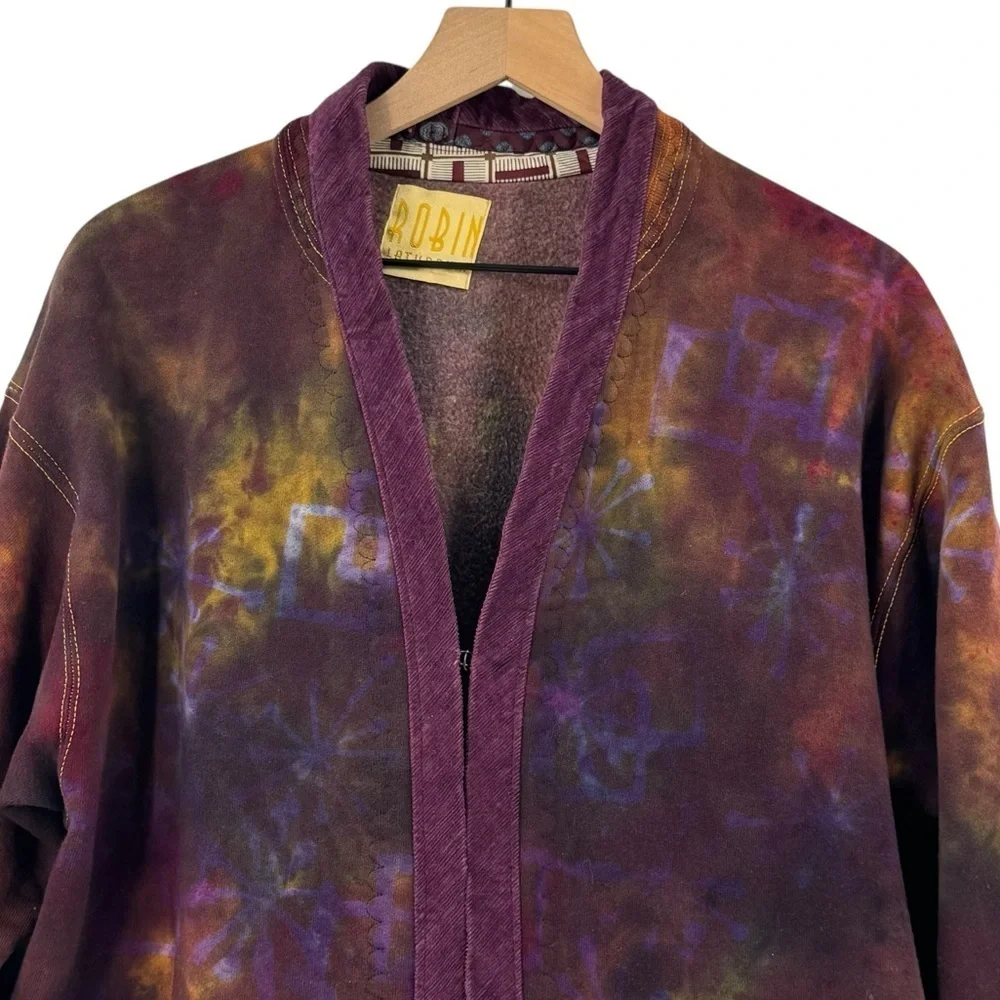 Handmade Tie Dye Lagenlook Cardigan Sweatshirt Kimono Jacket Cord Trim | XL/XXL